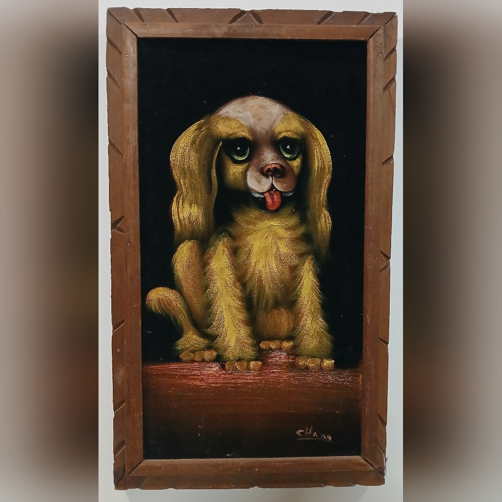 Vintage Black Velvet Brown and Tan Dog Portrait Wall Art